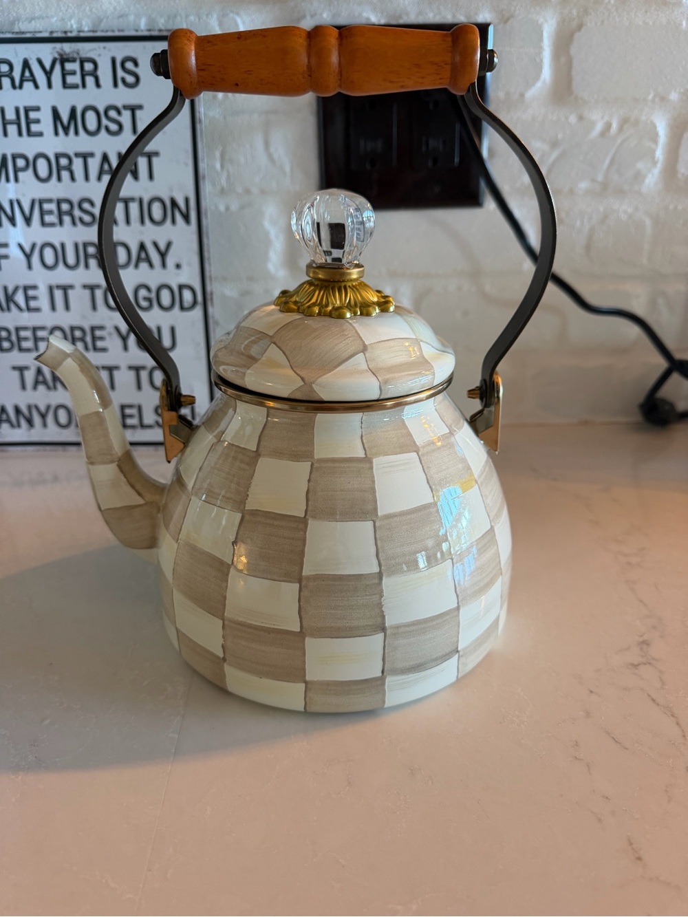 Classic Checkered Ceramic Teapot with Wood Handle - Mocha Check - Picture 3 of 5